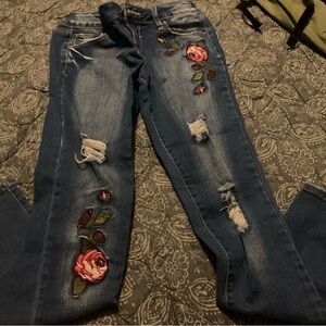 Floral Embroidered Distressed Skinny Jeans